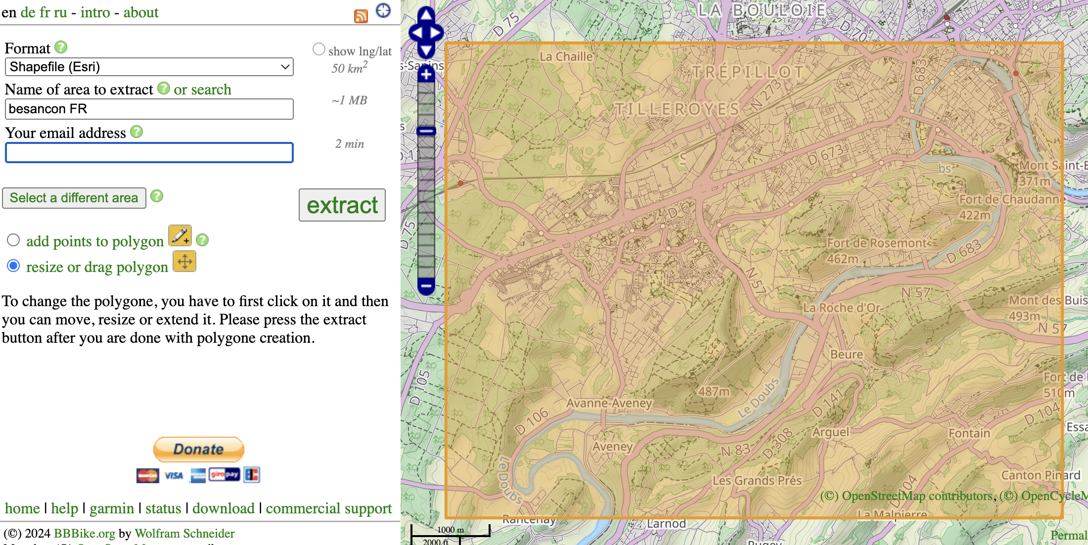 While difficult to see, the bounding box includes Besancon, France.  The tool notifies you by email when the tiles have been downloaded.  2 to 7 minutes is a common preparation time.